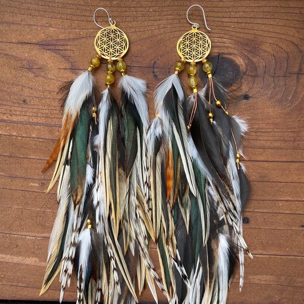 Brown Feather Earring, Boho Feather Earrings, Long Feather Earrings, Natural Feather Earrings, Feather Drop Earrings, Boho Chic Earrings