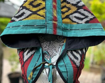 Türkis Ikat Kapuzenweste Boho Festival Damen Cropped Hippie Weste Einstellbar Handgemacht Einzigartig Top