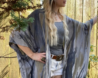 Long Grey Tie Dye Kimono Robe Unisex Boho Resort Wear Beach Robe Festival Outfit Bohemian Clothing Sustainable Fashion