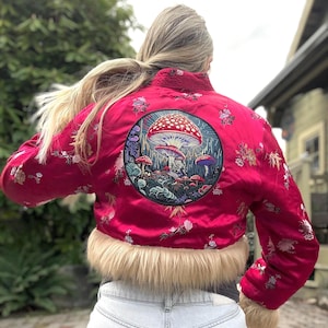 Red Crop Jacket Embellished Embroidered Patch Boho Chic Cropped Jacket Faux Fur Trim Fairy Festival Handmade Party Piece Bohemian Outfit