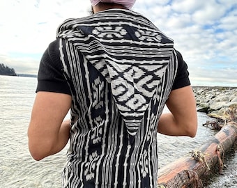 Men's Black and White Vest, Men's Hooded Vest, Boho vest, Festival vest, Mens Waistcoat, Mens Festival vest, Festival Clothing, Hippie vest,