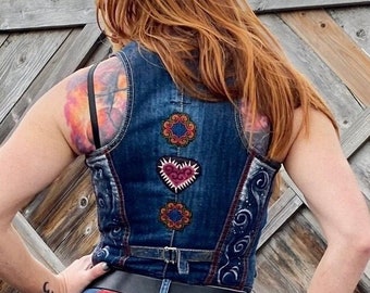 Hand painted denim vest. Embellished denim vest, Boho denim vest, Embellished jean vest, One of a kind denim, Festival vest, Hippie jean