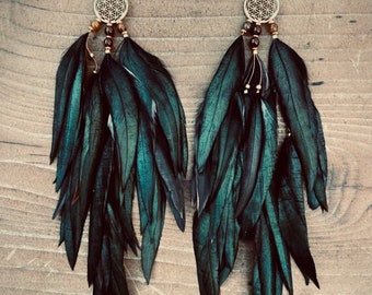 Green Feather Earring, Black Feather Earring, Boho Feather Earrings, Long Feather Earrings, Natural Feather Earrings, Feather Drop Earrings