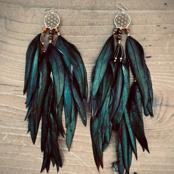 Green Feather Earring, Black Feather Earring, Boho Feather Earrings, Long Feather Earrings, Natural Feather Earrings, Feather Drop Earrings