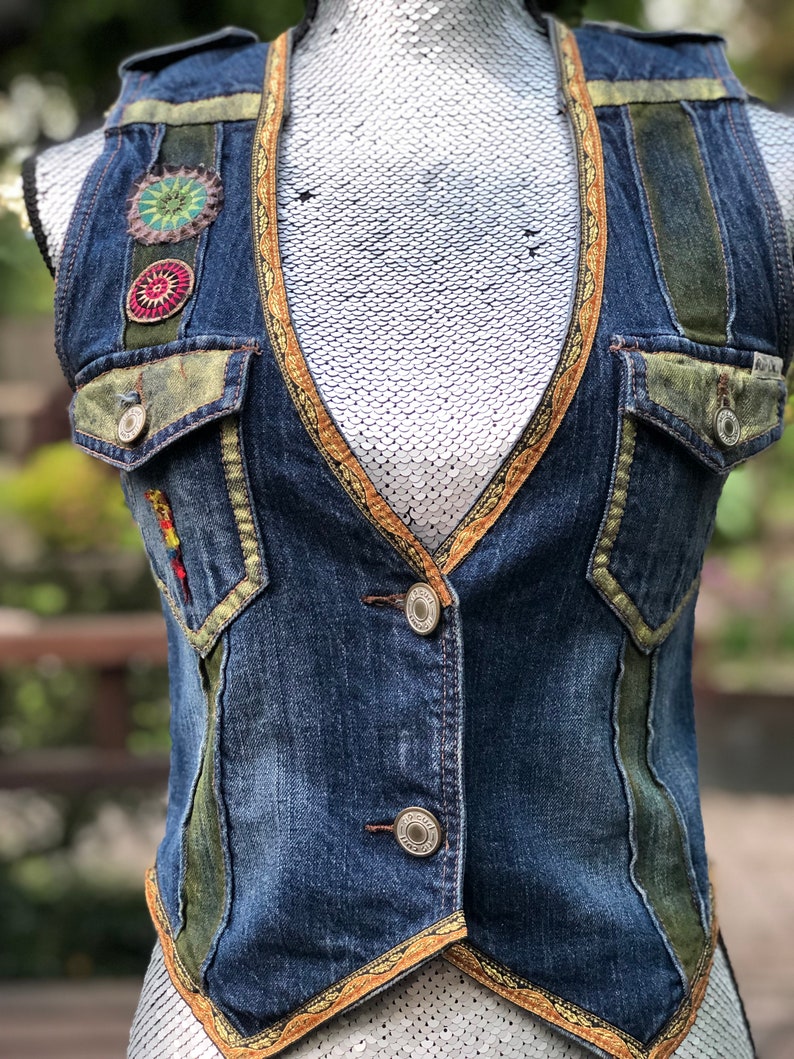 Embellished Denim Vest Hippie Denim Hand Painted Denim Jean - Etsy