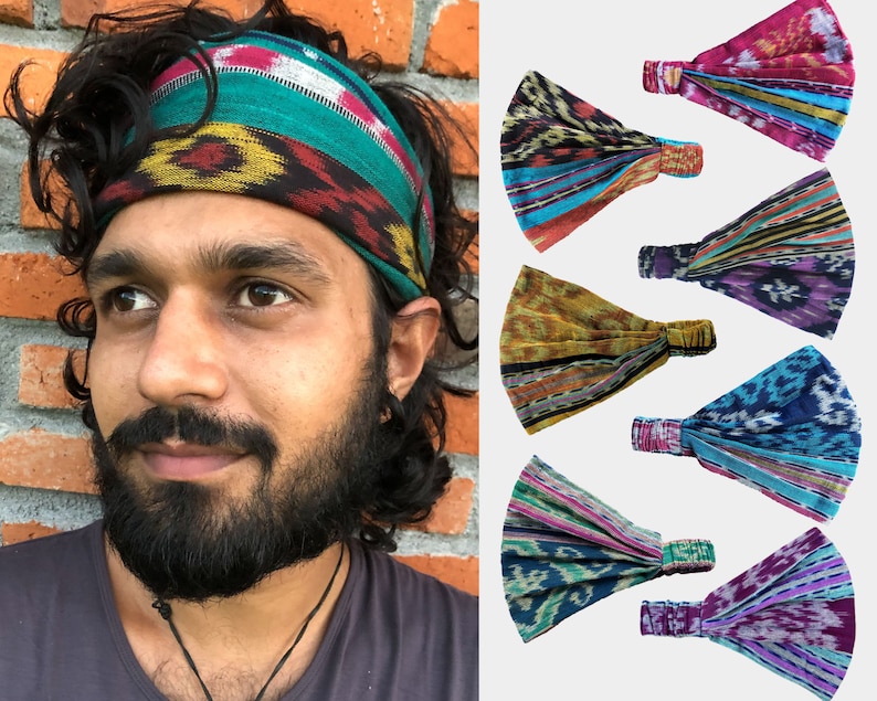 May include: A set of 8 colorful patterned headbands. Each headband is made of a soft, stretchy fabric with a unique ikat design. The headbands are available in a variety of colors, including blue, green, purple, orange, and pink.