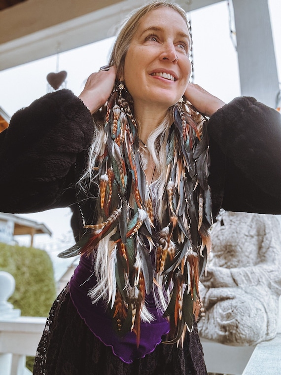 Long Feather Earrings Boho Feather Drop Earrings Natural Feather Jewelry Festival Statement Boho Chic Hippie Earrings