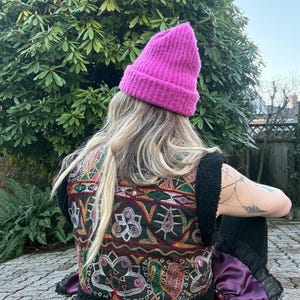 One of a kind black faux fur vest with Indian textile embroidery