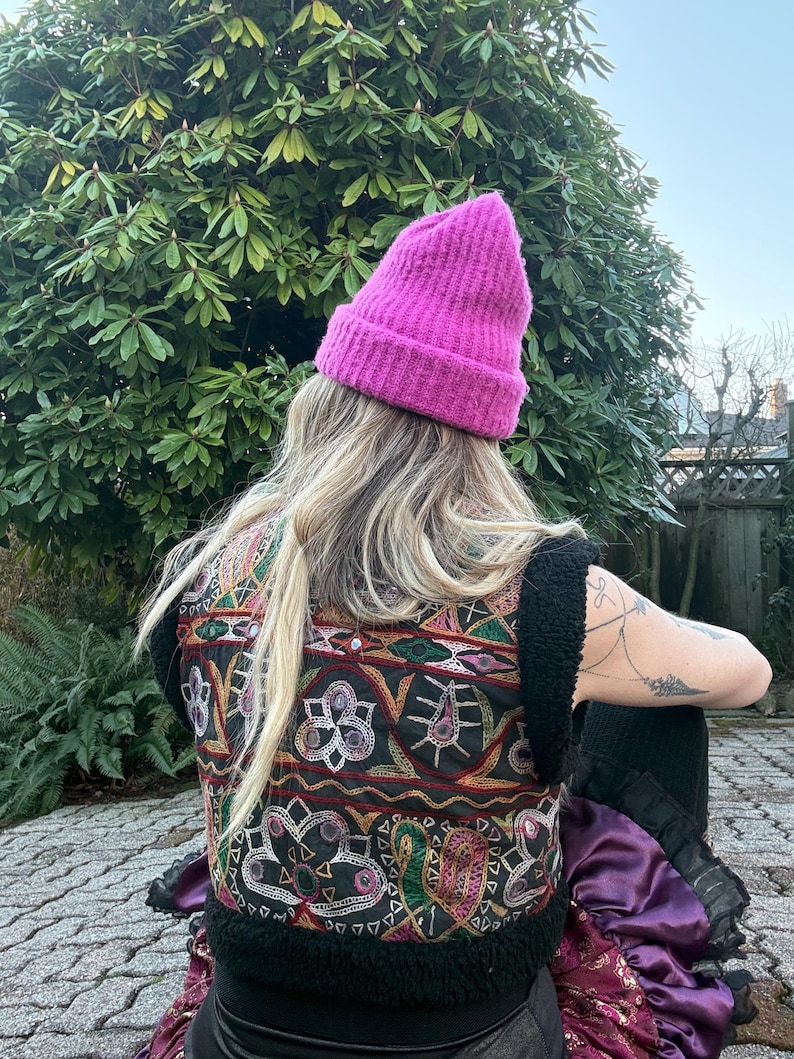 One of a kind black faux fur vest with Indian textile embroidery