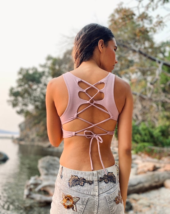 Lotus Print Yoga Crop Top Adjustable Back Festival Activewear