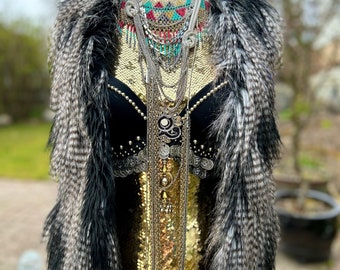 （新品）OPEN SESAME CLUB tulle fur vest Embellished Black Faux Fur Evil Eye Vest, Festival Vest