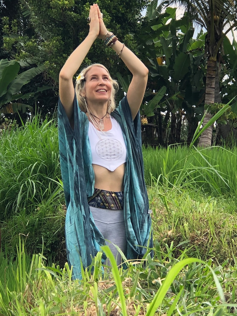 Turquoise festival kimono robe styled as cover up after yoga or beach look