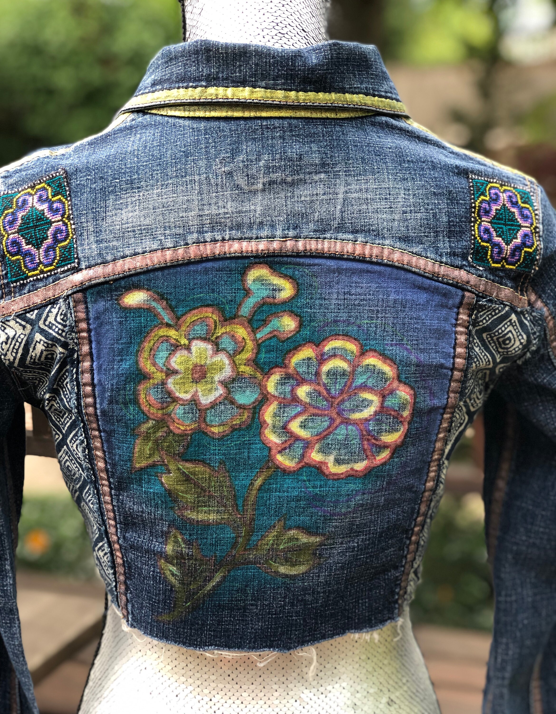 Hand-painted Cropped Denim Jacket: Upcycled Boho Jean, Size S - Etsy