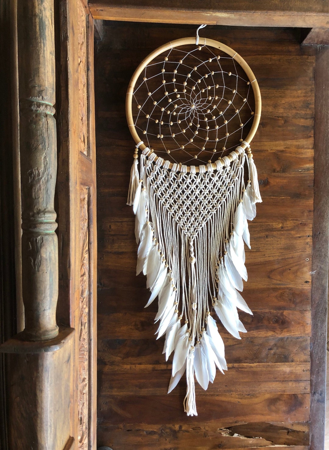 Large White Boho Beaded Dream Catcher Handmade Wall Hangings Bohemian ...