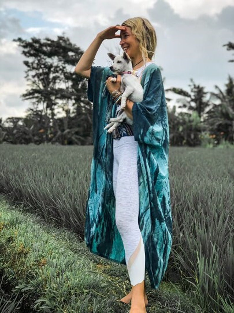 Turquoise boho kimono robe styled over leggings and yoga top