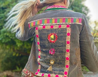 Embellished Upcycled Denim Jacket Boho Jean Jacket Mirror Textile Festival Clothing One of a Kind Handmade Womens Jacket