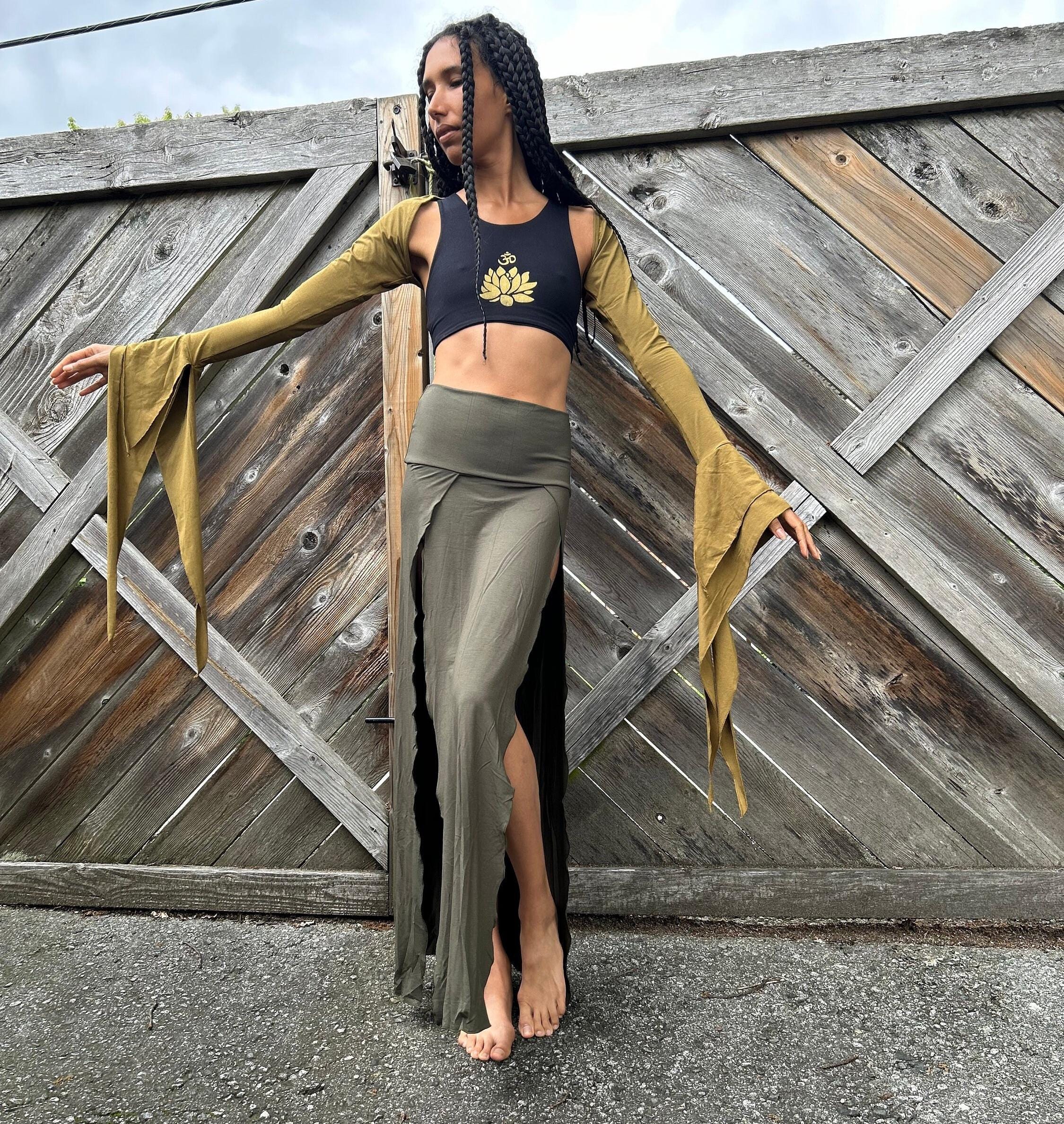 Green Maxi Skirt Womens Yoga Boho Goddess Slit Skirt Festival