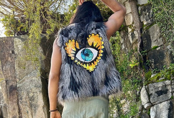 Black Grey Faux Fur Vest Evil Eye Sequin Festival Vest Mens Boho Rave Outfit Burning Man Clothing
