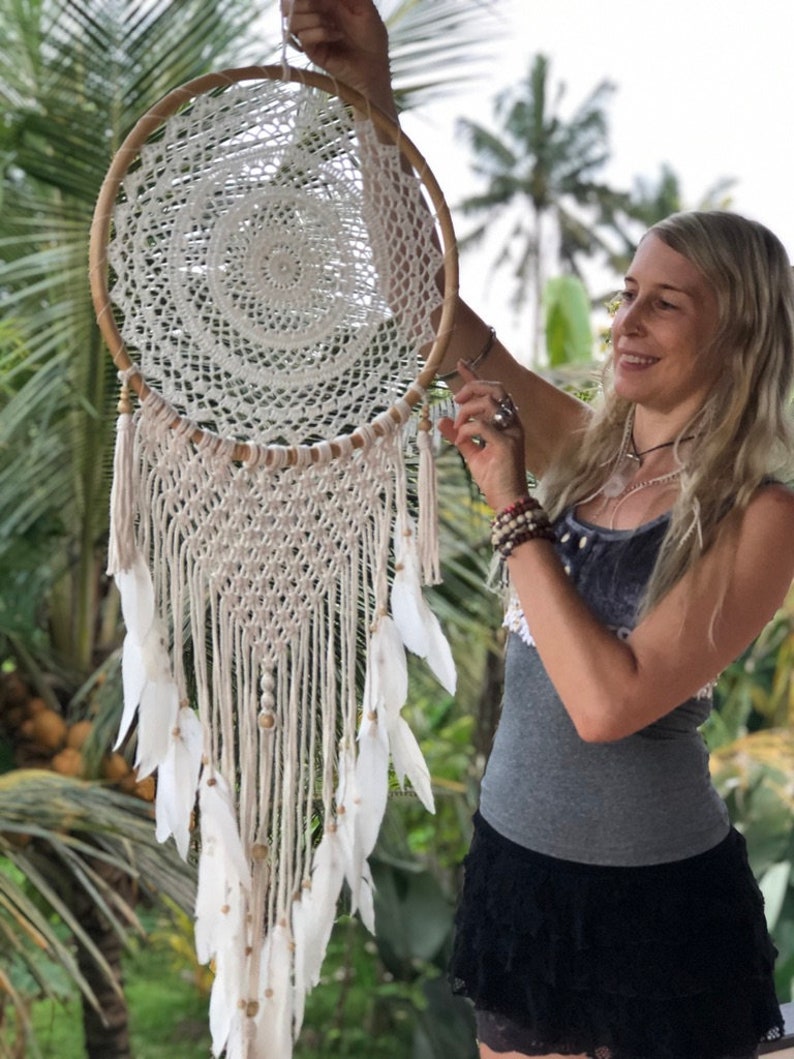 Large White Boho Dream catcher, Handmade Wall Hangings, Bohemian Bedroom, Nursery Wall Decor, Teen Girls Bedroom Decor, Dreamcatcher Decor image 3