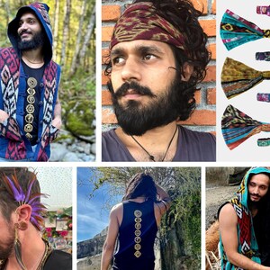 Peut inclure: Une collection de v&ecirc;tements et d'accessoires comprenant un gilet &agrave; capuche sans manches avec un motif ikat bleu et rouge, un d&eacute;bardeur noir avec des symboles de chakra dor&eacute;s, un bandeau ikat bordeaux et des bandeaux en tissu &agrave; motifs color&eacute;s.