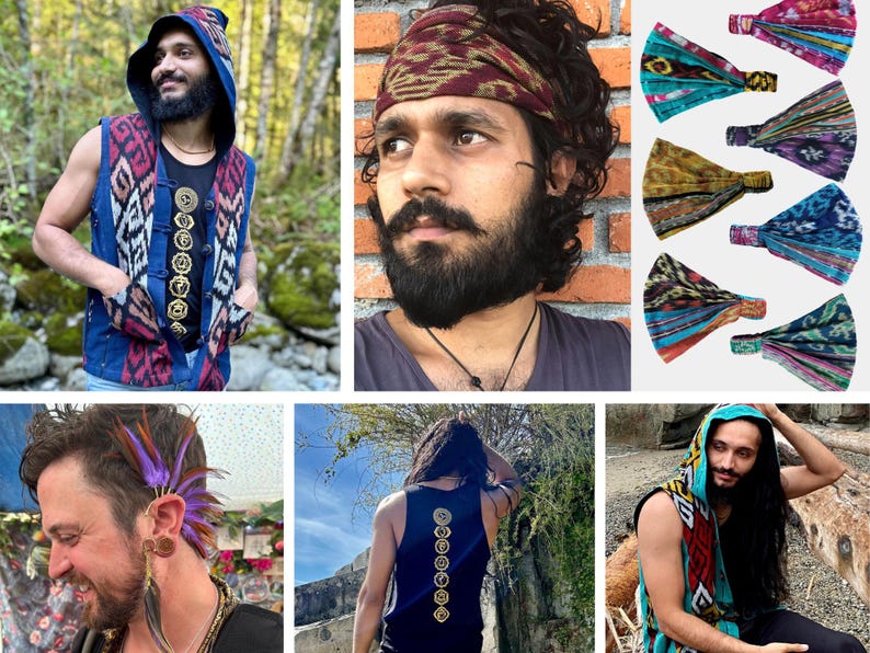 Peut inclure: Une collection de v&ecirc;tements et d'accessoires comprenant un gilet &agrave; capuche sans manches avec un motif ikat bleu et rouge, un d&eacute;bardeur noir avec des symboles de chakra dor&eacute;s, un bandeau ikat bordeaux et des bandeaux en tissu &agrave; motifs color&eacute;s.