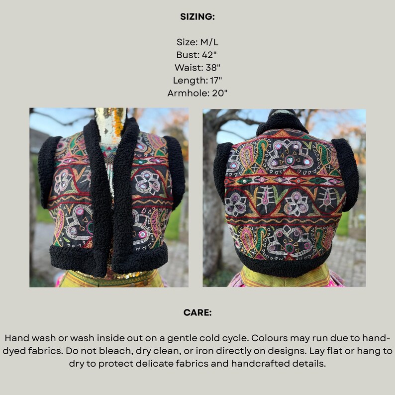 May include: A black cropped vest featuring colorful embroidered floral patterns and small circular mirrors. The garment has black faux-shearling trim along the front opening and armholes. Sizing text: Size M/L, Bust 42 inches, Waist 38 inches, Length 17 inches, Armhole 20 inches.
