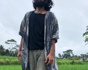 Robe kimono unisexe gris anthracite tie-dye surdimensionné Boho Resort Wear Robe hippie de plage Boho Duster teint à la main cadeau pour lui elle