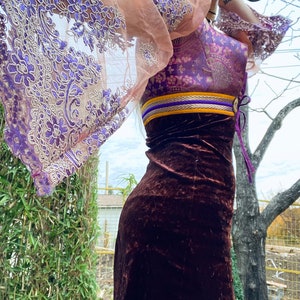 May include: A brown velvet mini dress with a purple and gold brocade bodice and sheer peach sleeves with purple floral embroidery.