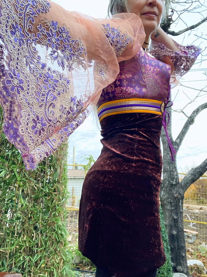 May include: A brown velvet mini dress with a purple and gold brocade bodice and sheer peach sleeves with purple floral embroidery.