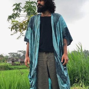Long turquoise unisex kimono robe front view hand dyed pattern