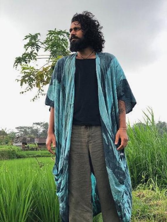Long Turquoise Unisex Kimono Robe Festival Boho Resort Wear Mens Womens Beach Robe Bohemian Clothing Sustainable Fashion