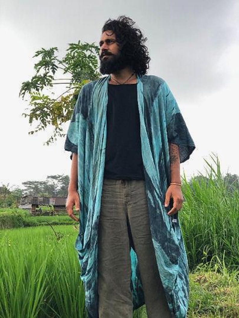 Long turquoise unisex kimono robe front view hand dyed pattern