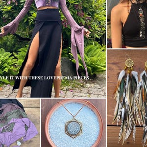 May include: A collage featuring a black skirt with high slits, a black halter top with a chakra necklace, long feather earrings, a collection of four long-sleeve cropped tops in various colors, and a pendant necklace with a geometric design.