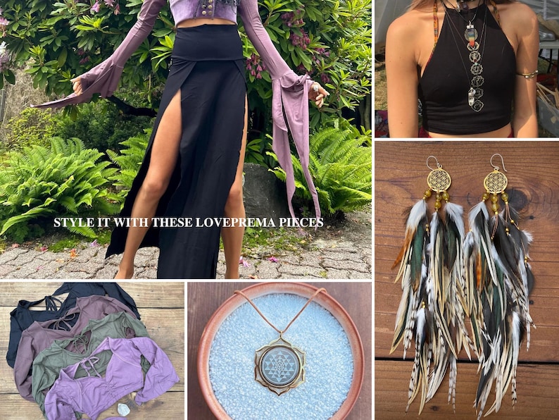 May include: A collage featuring a black skirt with high slits, a black halter top with a chakra necklace, long feather earrings, a collection of four long-sleeve cropped tops in various colors, and a pendant necklace with a geometric design.