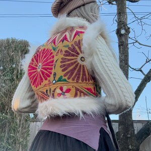 Cropped festival vest with hand-dyed colorful antique textiles, bohemian style