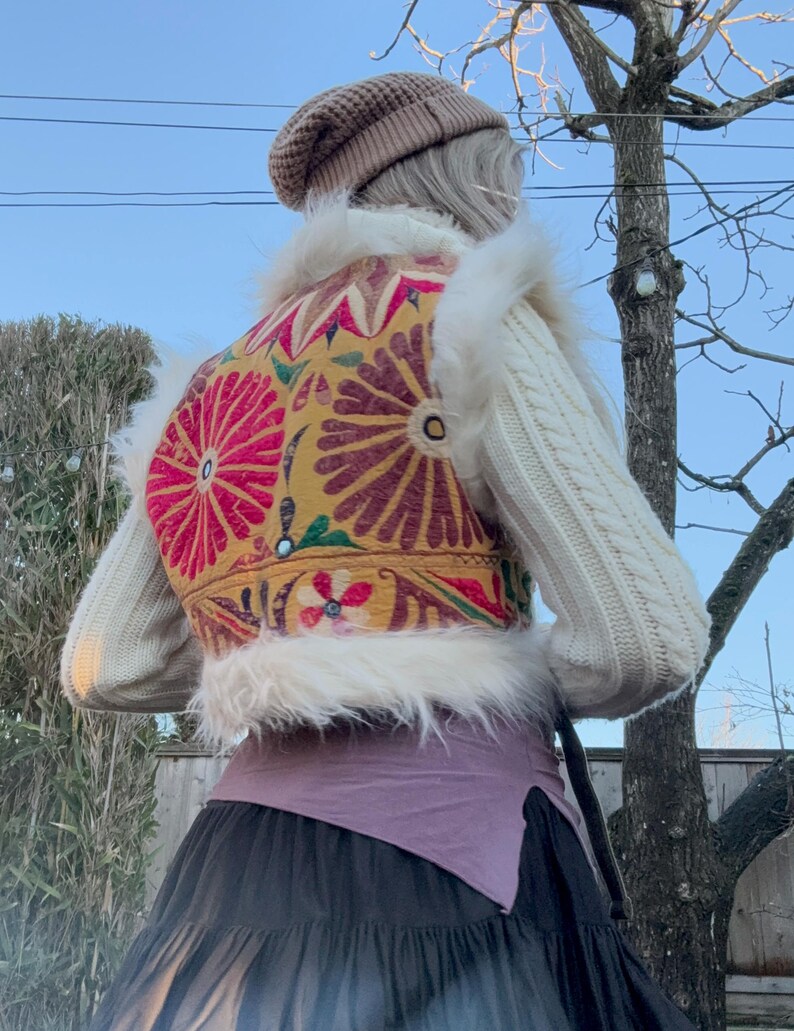 Cropped festival vest with hand-dyed colorful antique textiles, bohemian style