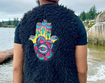 Embellished Black Faux Fur Evil Eye Festival Vest, Handmade, Faux Fur Vest, Sequin Vest, Unisex Vest, Festival Party Piece, Custom Vest