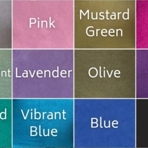 May include: A color chart with 12 fabric swatches. The swatches are arranged in a 3x4 grid. The colors are: Taupe, Pink, Mustard Green, Hot Pink, Peppermint, Lavender, Olive, Violet, Emerald Green, Vibrant Blue, Blue, and Black.