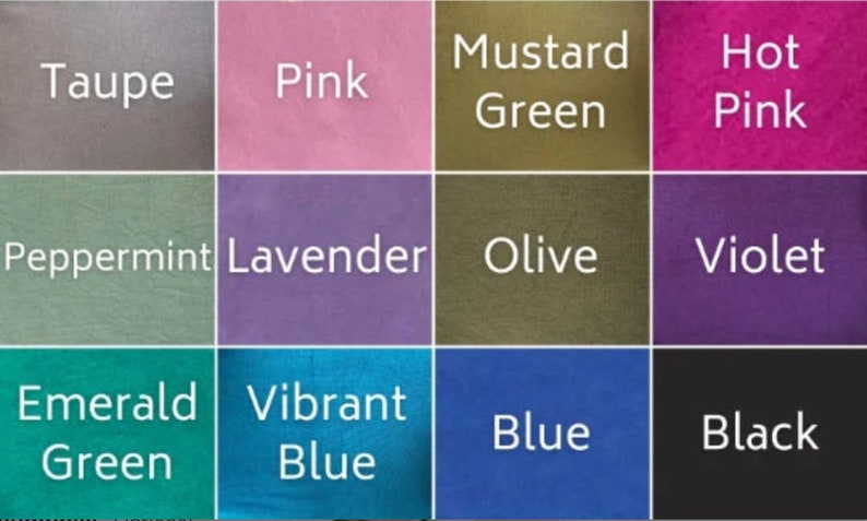 May include: A color chart with 12 fabric swatches. The swatches are arranged in a 3x4 grid. The colors are: Taupe, Pink, Mustard Green, Hot Pink, Peppermint, Lavender, Olive, Violet, Emerald Green, Vibrant Blue, Blue, and Black.