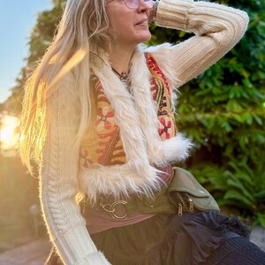 Boho festival vest with embroidered antique Indian textiles, white faux fur, cropped style