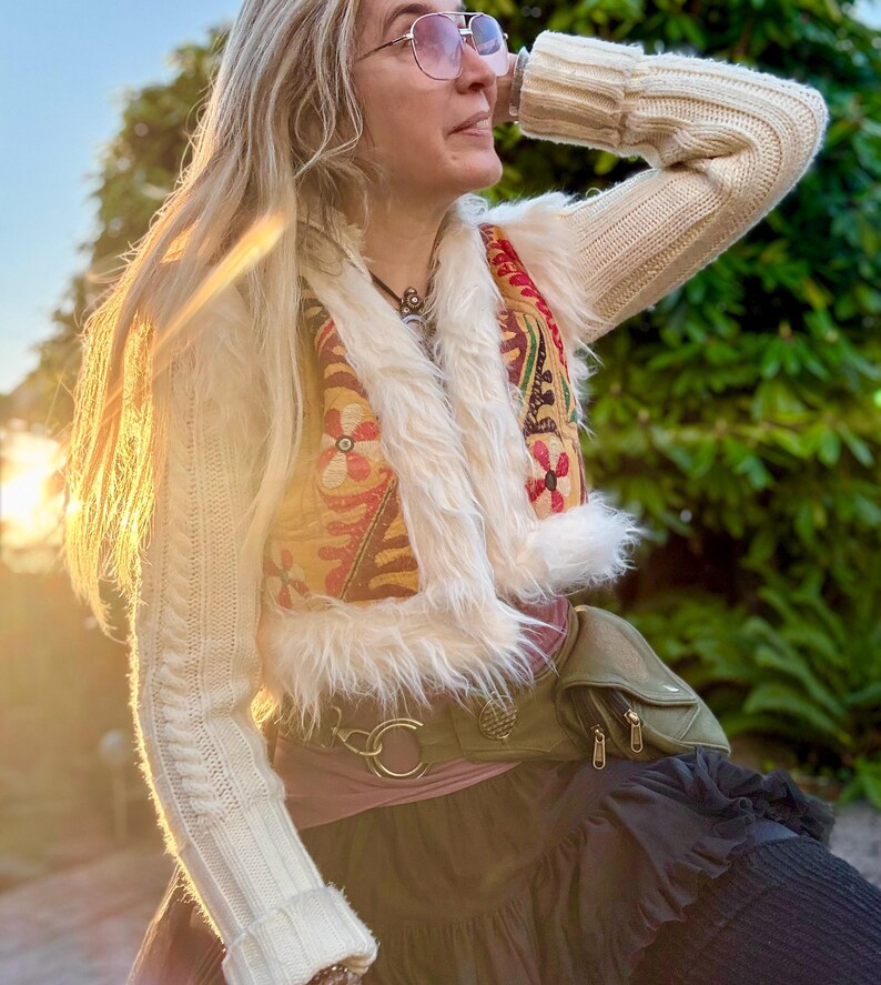 Boho festival vest with embroidered antique Indian textiles, white faux fur, cropped style
