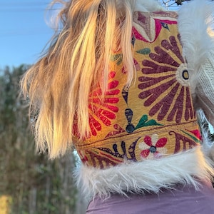 Handmade cropped hippie vest in white faux fur with yellow and multi-colored antique fabrics