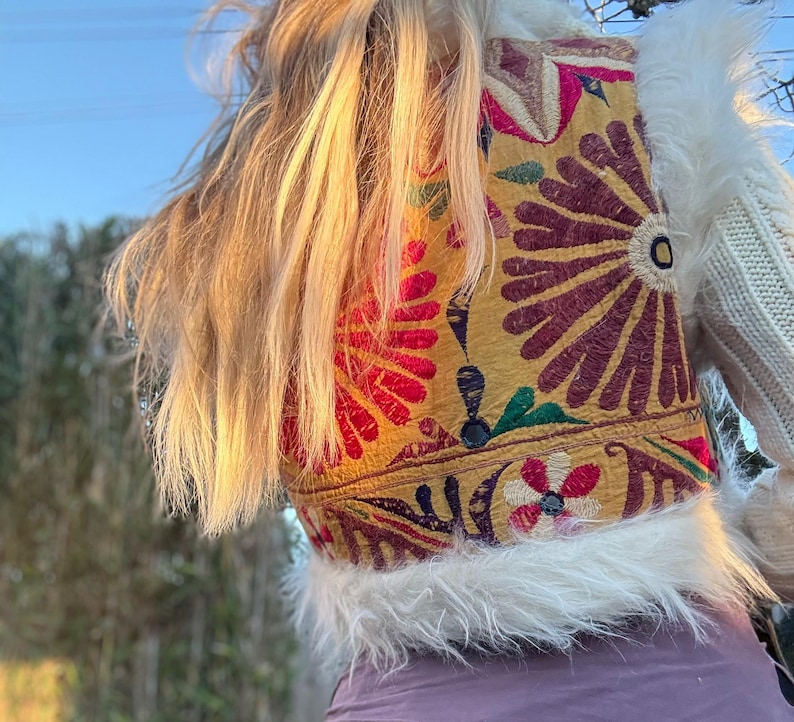 Handmade cropped hippie vest in white faux fur with yellow and multi-colored antique fabrics