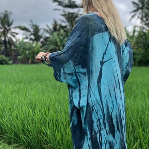 Soft rayon turquoise kimono robe back view showing colour variations