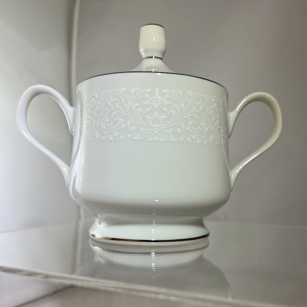 RARE Vintage Crown Victoria Porcelain Fine Bone China Sugar Bowl with Lid in Empress Pattern Platinum Lining