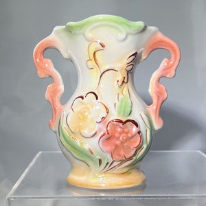Vintage Lusterware Iridescent Footed Floral Bud Vase with Handles Made in Brazil Green Peach Bronze