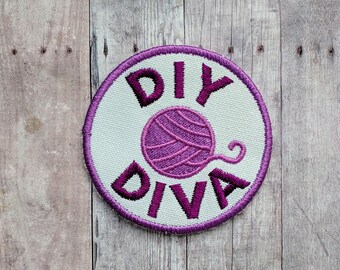 DIY Diva Patch, Crafty Merit Badge, Embroidered White Canvas with Purple Yarn Ball and Purple Text, Choice of Finding, Made in USA