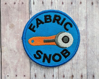 Fabric Snob Patch, Crafty Merit Badge, Embroidered Blue Canvas with Rotary Cutter & Black Text, Choice of Finding, Made in USA, Sewing Gift