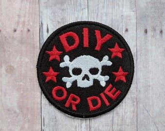 DIY or Die Patch, Crafty Merit Badge, Embroidered Black Canvas with White Skull and Red Text and Stars, Choice of Finding, Made in USA