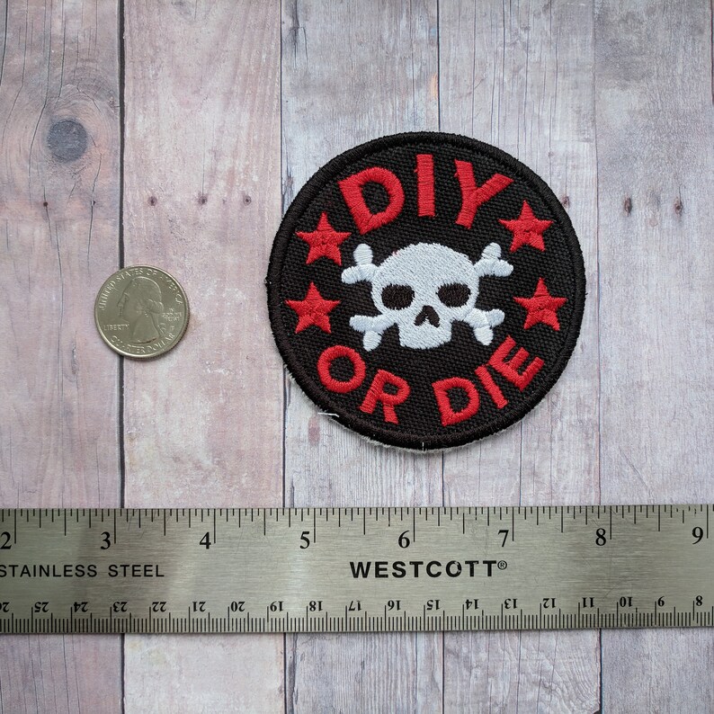 DIY or Die Patch Embroidered Black Canvas with White Skull and Red Text and Stars Choice of Finding Made in USA Crafty Merit Badge